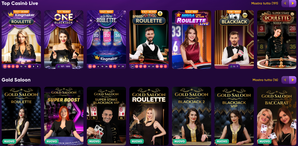 Top Casino Live e Gold Saloon Kingmaker: Roulette, Blackjack, Baccarat con croupier reali